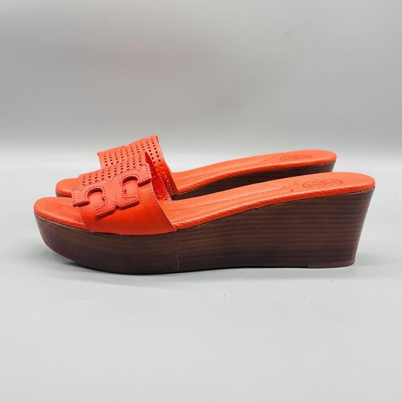 Tory Burch Sandals Womens 10 Orange Leather Mikael Wedge Slide Platform Logo - Picture 4 of 10